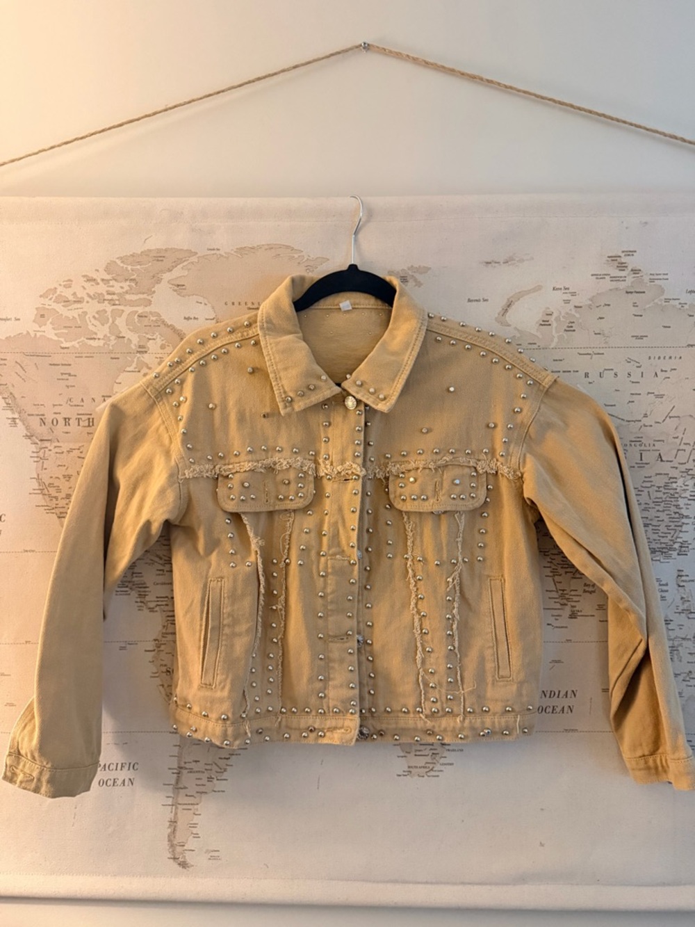 Beige Studded Denim Jacket - Women Size Small - Picture 2 of 8